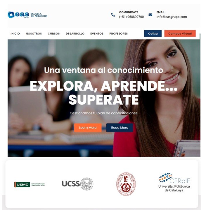 EAS Escuela de Negocios — Una ventana al conocimiento. Explora, aprende... supérate. Gestionamos tu plan de capacitaciones. Teléfono (+51) 968899700, info@easgrupo.com
